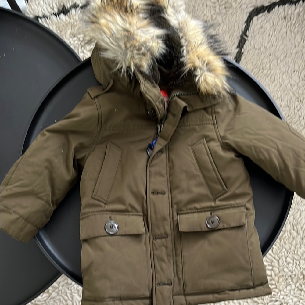 Olive Fur-Trimmed Hooded Parka - removable faux fur